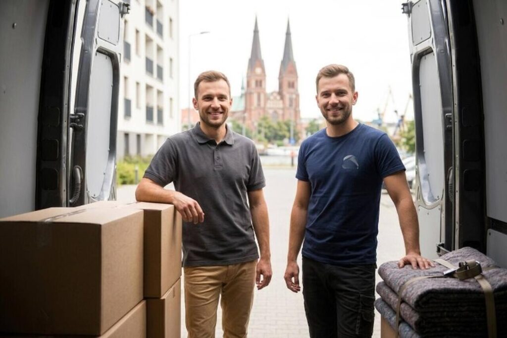 Dwaj uśmiechnięci pracownicy szczecińskiej firmy transportowej stoją przy otwartym samochodzie dostawczym z kartonami i kocami przeprowadzkowymi.