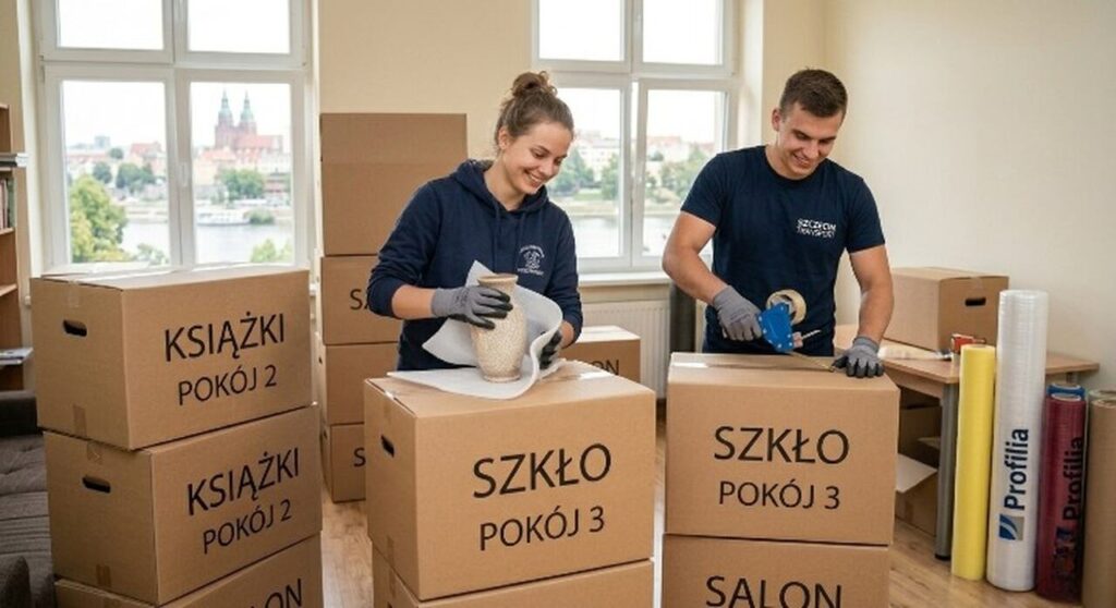 Poradnik krok po kroku, jak pakować rzeczy do przeprowadzki: pracownicy owijają szkło pianką ochronną i zaklejają kartony.