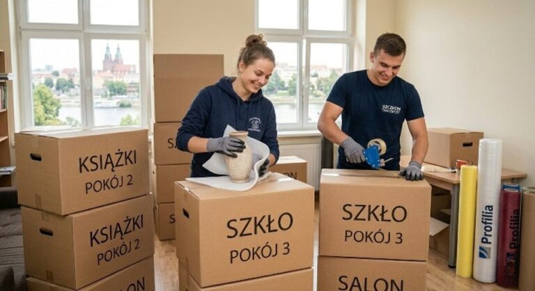 Poradnik krok po kroku, jak pakować rzeczy do przeprowadzki: pracownicy owijają szkło pianką ochronną i zaklejają kartony.