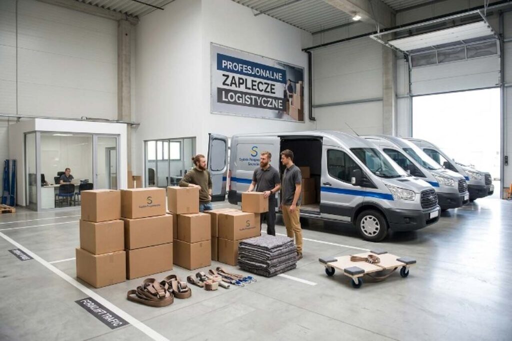 Nowoczesna baza logistyczna firmy Szybkie Przeprowadzki Szczecin z flotą samochodów dostawczych, kartonami i pasami transportowymi.