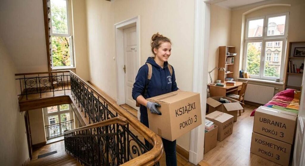 Uśmiechnięta studentka wnosi kartony na klatce schodowej, planując sprawną przeprowadzkę do wynajmowanego pokoju.