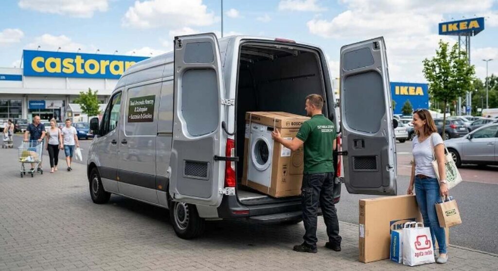 Pracownik firmy transportowej ładuje nową pralkę do srebrnego busa podczas realizacji usługi przewóz rzeczy i zakupów w Szczecinie.