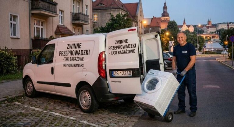 Tani transport małych gabarytów w Szczecinie: uśmiechnięty kierowca taxi bagażowego ładuje pralkę na wózek.