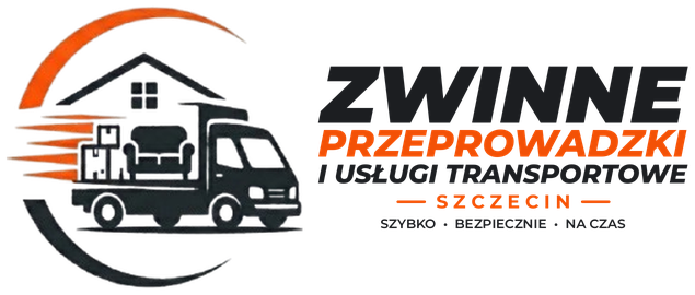 Logo Zwinne Przeprowadzki i Usługi Transportowe Szczecin – pomarańczowo-czarne z samochodem dostawczym.